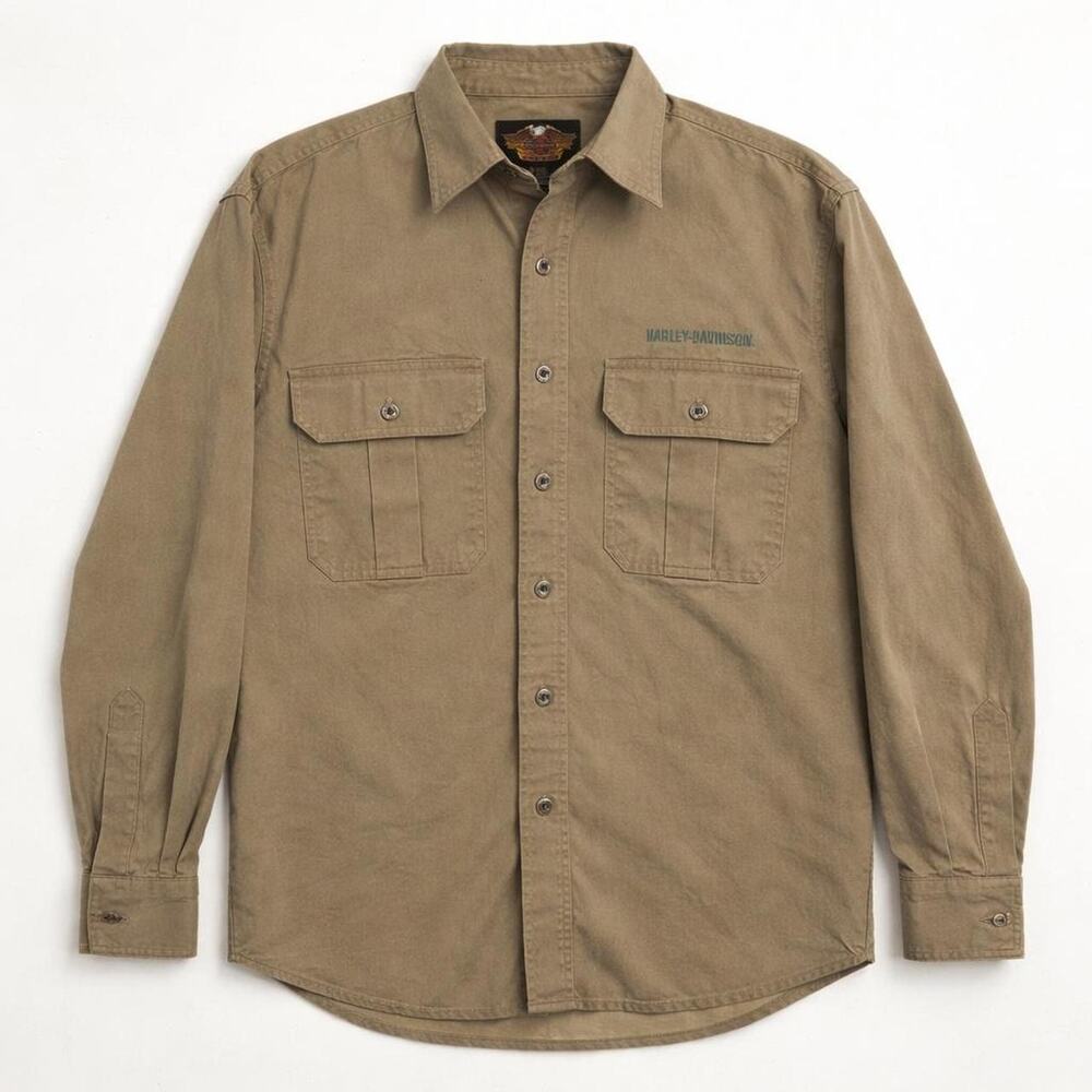 Harley-Davidson motorcycle‎ utility khaki workwear button up shirt 100% cotton M